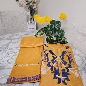 Yellow and Blue Embroidered Kurta Set